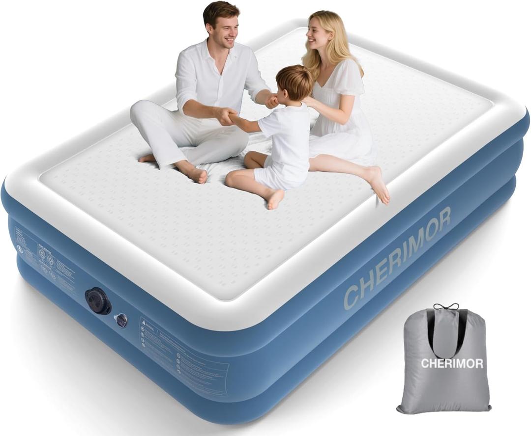 Queen Air Mattress with Built-in Rechargeable Pump, 1500 lbs Heavy-Duty Support, 16" Raised Upgraded Firmness Blow Up Mattress, Fast 3-Min Inflation, Inflatable Bed for Home, Guests & Camping