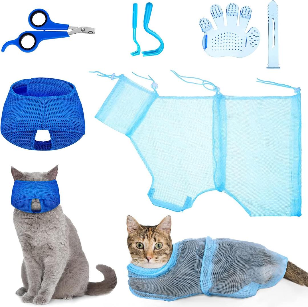Patelai 5 Pcs Cat Bathing Bag Set Cat Grooming Bag Adjustable Pet Shower Net Muzzles Nail Clipper Tick Remover Tool Massage Brush(Blue)