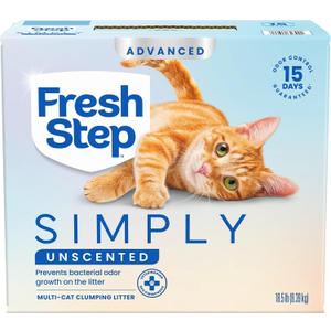 Fresh Step Advanced Simply Unscented Multi Cat Clumping Cat Litter, Low Dust, Odor Control with Activated Charcoal Tech, Compatible in Automatic Litter Boxes, 18.5 lb.