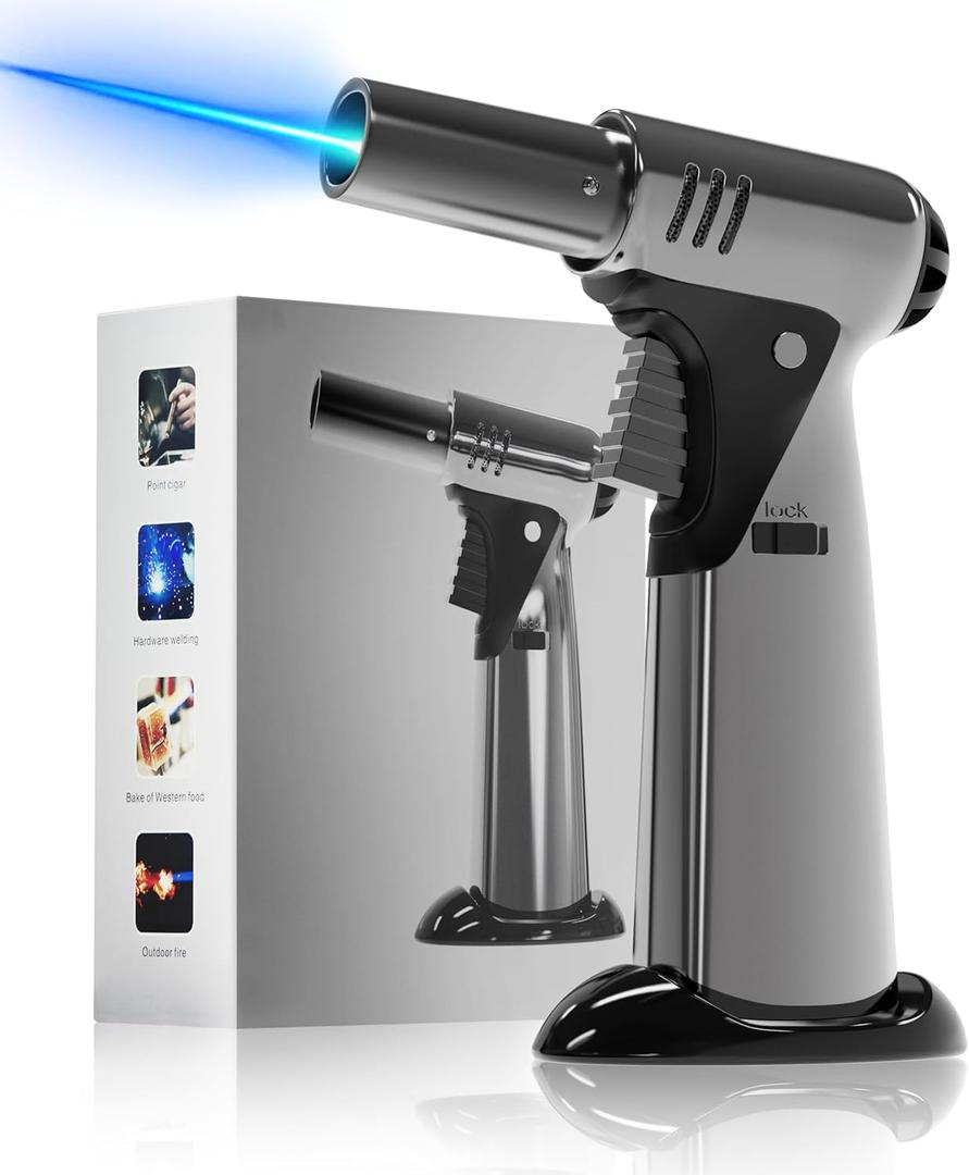 Butane Torch, Butane Refillable Kitchen Cooking Torch, Torch Lighter with Safety Lock And Adjustable Flame For BBQ, Baking, Brulee Creme, Crafts and Soldering(Butane Gas Not Included) (Silver)
