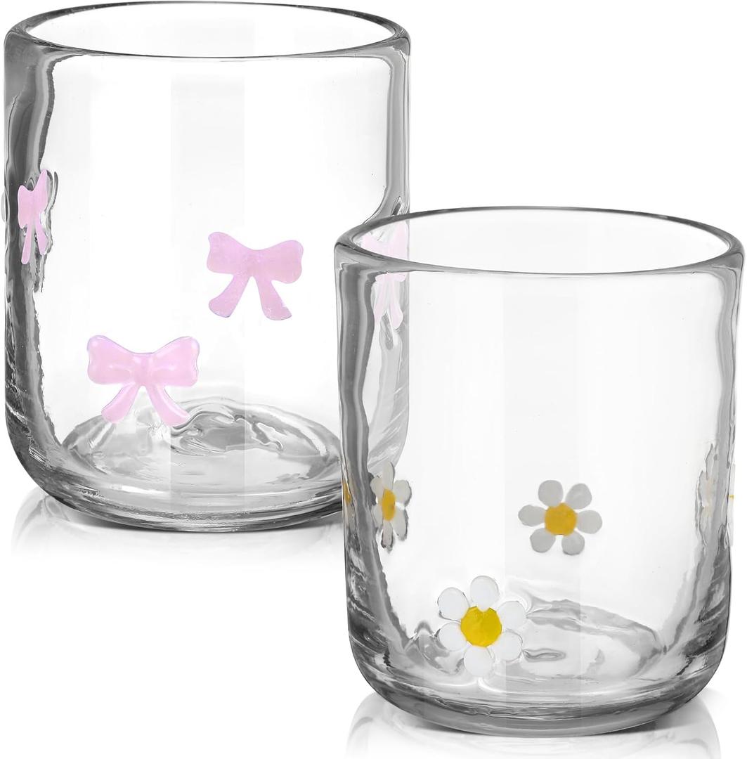 Skylety 2 Pack Icon Glass Cups Pink Bow Coquette and Daisy Flower Cups 14 Ounce Aesthetic Double Vintage Glasses for Woman Friend Party Scotch Liquor Cocktail Juice Water Drinks Party Favors