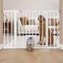 BABELIO 29-48" Extra Wide Baby Gate with Cat Door,Auto Close Metal Pet Door for Stairs, Doorways, House, Pressure/Hardware Mounted, Easy Walk Thru, White