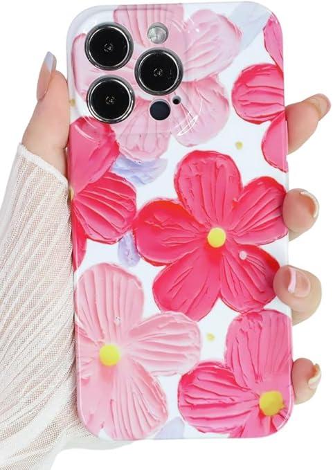 Compact for iPhone 16 Plus Case Floral Flowers Oil Painting Phone Case, Cute Trendy Soft Slim Shockproof Protective Cover Designed for Women Girls Aesthetic, Pink