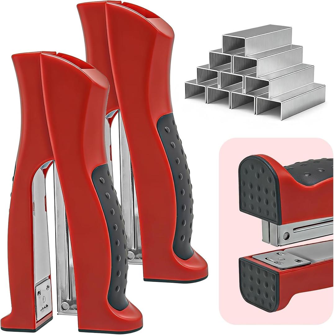 2-Pack Stand-Up Stapler with 2000 Standard 1/4" Staples, Handheld Ergonomic Soft Grip 2-in-1 Vertical & Flat-Use Desktop Full Strip Stapler for Office, School, Business & Classroom Supplies  Red