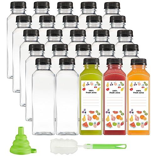 GUSTO [16 oz. - 25 Count Reusable Plastic Juice Bottles With Caps, Labels, Brush, and Silicone Funnel - Clear plastic Bottles with Caps, Juice Containers with lids, for All Beverages