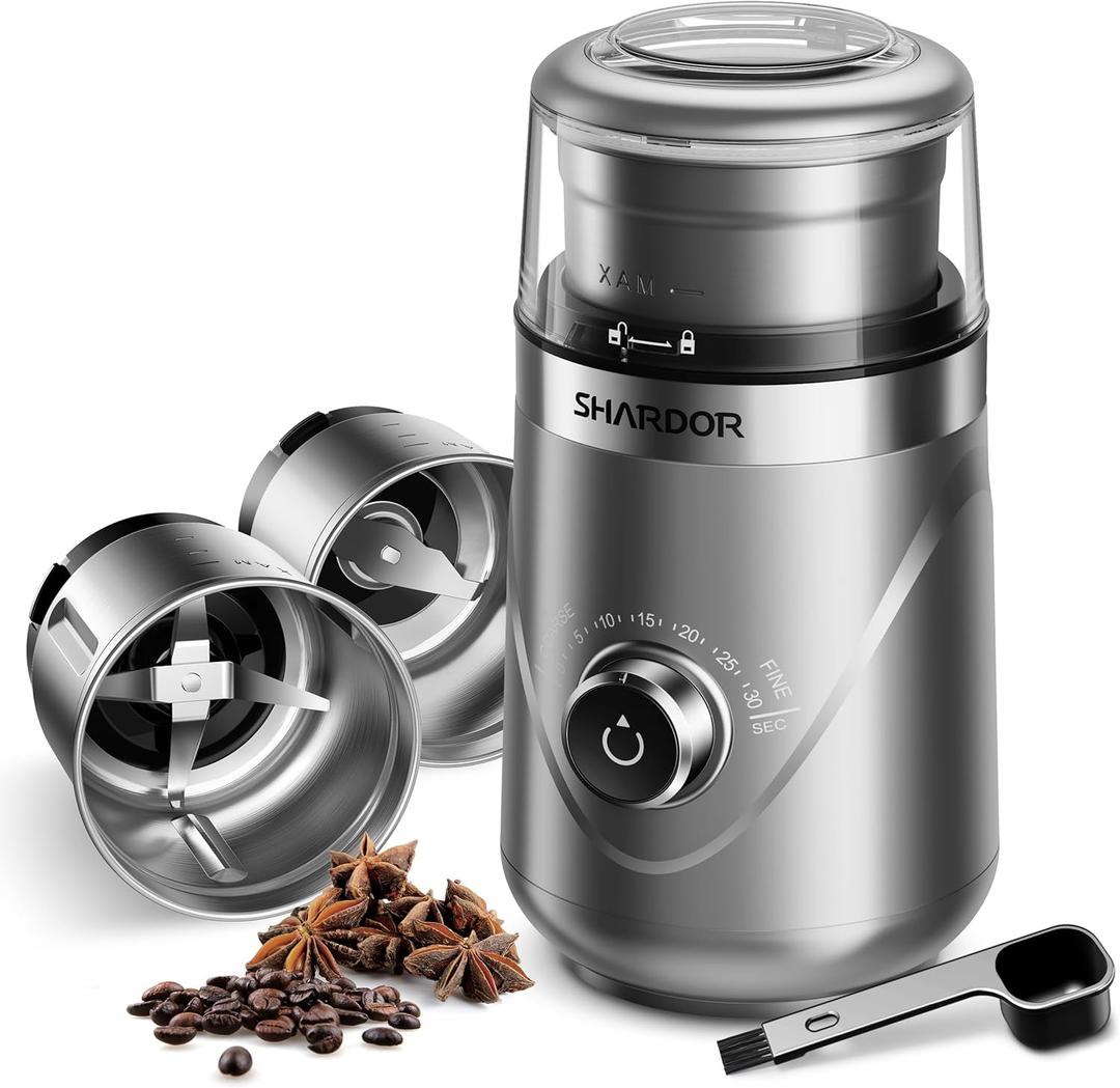 Adjustable Coffee Grinder Electric, Herb, Spice, Coffee Bean,Espresso Grinder with 2 Removable Stainless Steel Wet and Dry Bowl, Silver