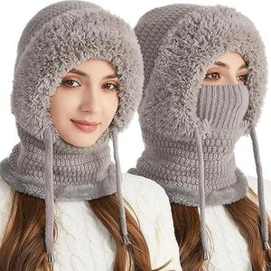 3-in-1 Women's Winter Beanie Hat Set - Fleece-Lined Knit Beanie, Scarf & Mask Combo for Ultimate Warmth & Style - Perfect for Snowy Days Grey
