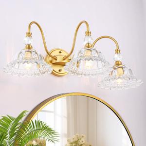 Modern Bathroom Vanity Light Fixtures 3 Lights Brushed Gold Vanity Lights for Bathroom with Floral Crystal Glass Shade Modern Wall Lighting Fixtures Over Mirror(Exclude E26 Bulb)