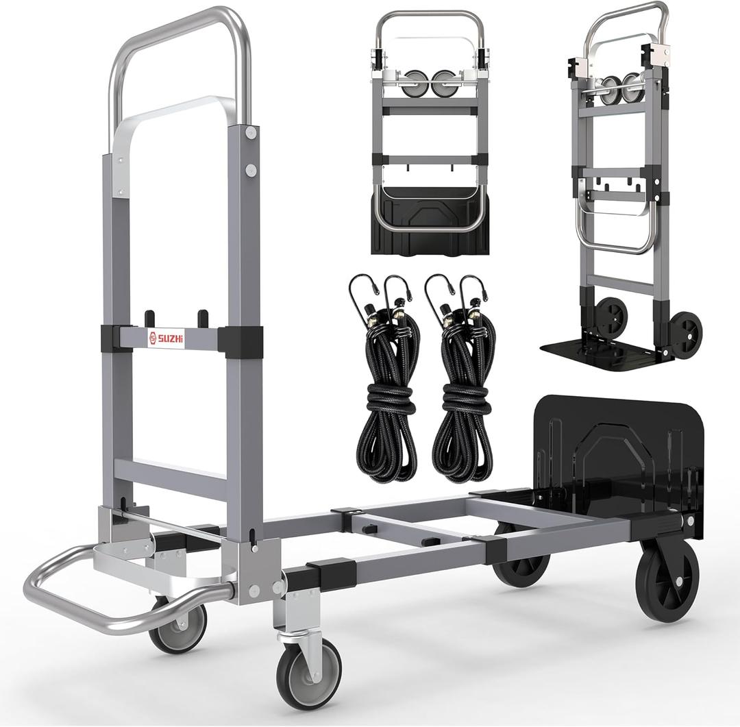 Suzhi Convertible Hand Truck Dolly Cart with Wheels Heavy Duty/with 4 Wheels / 500Lbs Load, 2 Straps for Furniture/Appliance/Carton/Warehouse/Office/no Need to Install, Easy to fold as Video