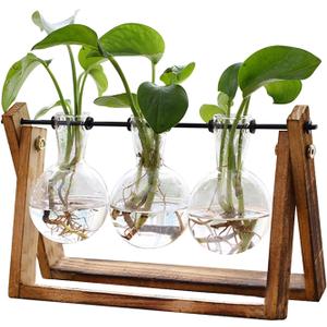 XXXFLOWER Plant Terrarium with Wooden Stand, Air Planter Bulb Glass Vase Metal Swivel Holder Retro Tabletop for Hydroponics Home Garden Office Decoration - 3 Bulb Vase