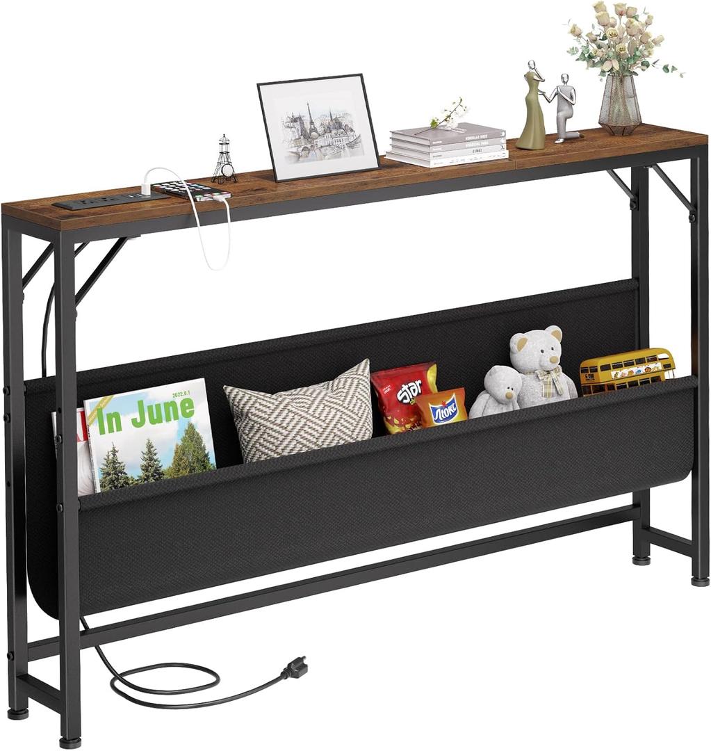 Asgolion Narrow Console Table with Power Outlet, 47.2 Inch Thin Entryway Table with Storage, Long Sofa Side Table, Behind Couch Table for Living Room, Foyer, Hallway, Rustic Brown
