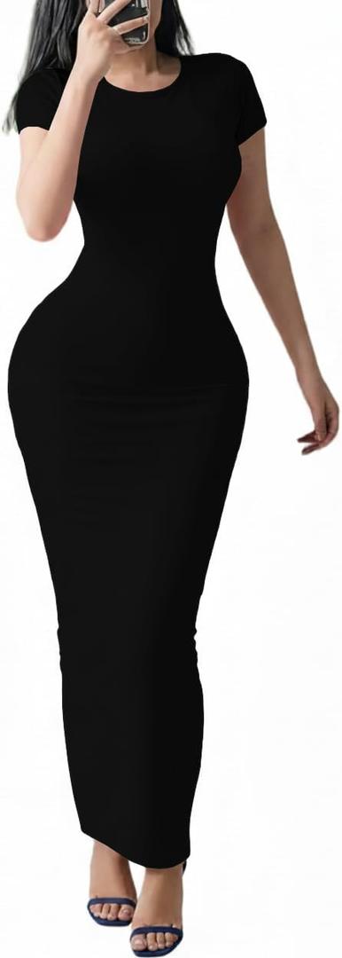 Women's Bodycon Maxi Dress Short Sleeve Round Neck Casual Long Dress Sexy Night Out Party Dresses-Black-M