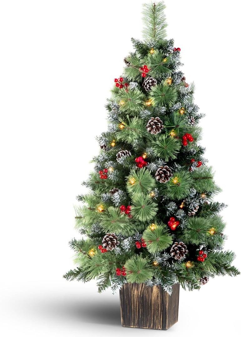 Jin&Bao 4FT Potted Christmas Tree with 100 Lights, Artificial Xmax Tree Timer Function with Round Pine Cones & Red Berries, 3AA Battery Operated Christmas Decorations for Outdoor, Porch