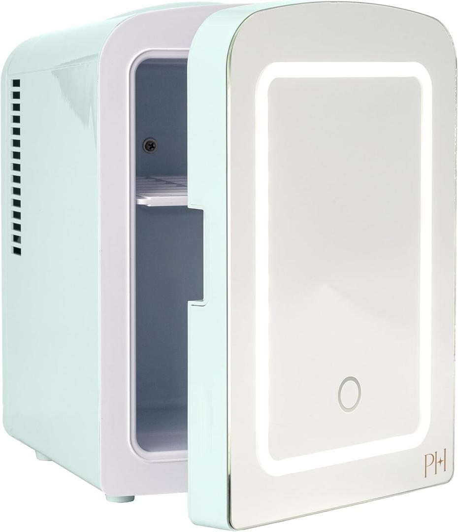 Paris Hilton Mini Refrigerator and Personal Beauty Fridge, Mirrored Door with Dimmable LED Light, Thermoelectric Cooling and Warming Function for All Cosmetics and Skincare Needs, 4-Liter, Aqua