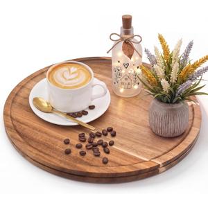 14.9" Wooden Decorative Serving Tray for Coffee Table and Home Decor, Large Round Wood Tray for Table Centerpiece, Ottoman Tray,Kitchen Counter Island，Circle Candle Holder Decor Trays