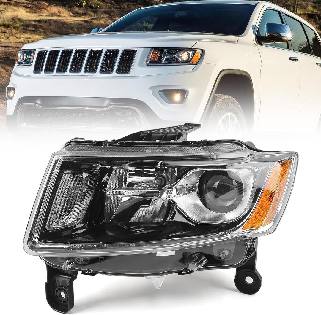 Huray Headlight Assembly for Jeep Grand Cherokee 2014-2016 [Only for Halogen Type] [Chrome Frame] OE Headlamp Replacement Driver Side