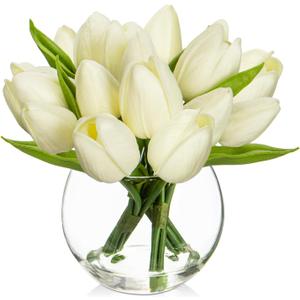 DILATATA Artificial White Tulips in Vase with Faux Water 6" Real Touch Flowers Fake Tulips Small Flowers Arrangement in Round Glass Vase for Mother's Day Table Centerpiece Wedding Home Decor