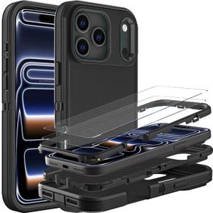 YKHJKLEC for iPhone 17 Pro Case, Military Grade 3 in 1 Heavy Duty Shockproof/Drop Proof/Dust Proof Case with 2Pcs Tempered Glass Screen Protector (Black/Black)