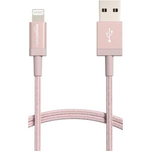Amazon Basics USB-A to Lightning Charger Cable, Nylon Braided Cord, MFi Certified Charger for Apple iPhone 14 13 12 11 X Xs Pro, Pro Max, Plus, iPad, 3 Foot, Rose Gold