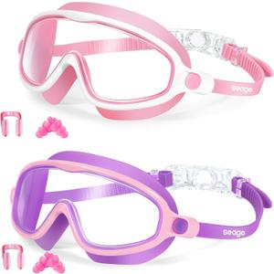 Seago Swim Goggles 2 Pack Anti-Fog Anti-UV Wide View Swimming Goggles for Kids 3-14 (Purple & Pink)