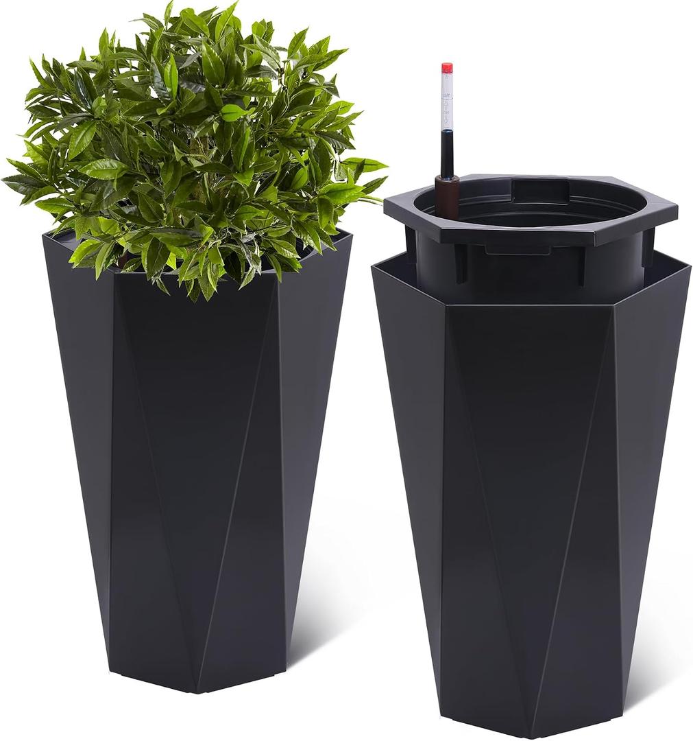 GarveeLife 22.5 in Tall Diamond Planters Set of 2, Self Watering Planters with Water Level Monitor, Flower Pots Outdoor and Indoor for Patio, Porch, Living Room, Home Office, Black