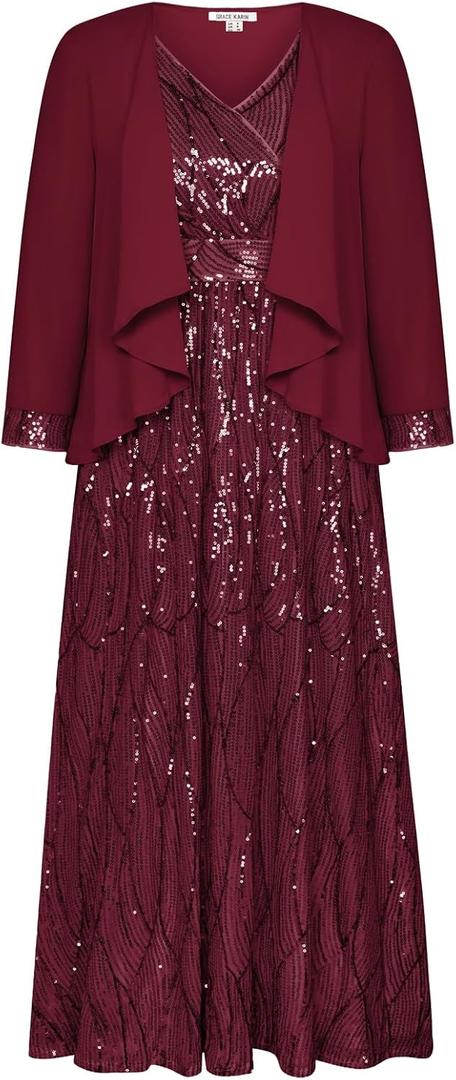 GRACE KARIN 2025 Women's Two Piece Sequin Dress with Jacket Mother of The Bride Dresses Homecoming Wedding Guest Dresses (6, Wine Red)