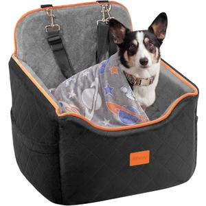 HiPetpy Dog Car Seat for Small Dog, Booster Seat for Dogs Under 30lb, 6" Elevated Pet Seat with Pockets, Anti-Slip Bed for Car, Perfect for Front & Back Seats with Safety Leash (Black/Grey, Medium)