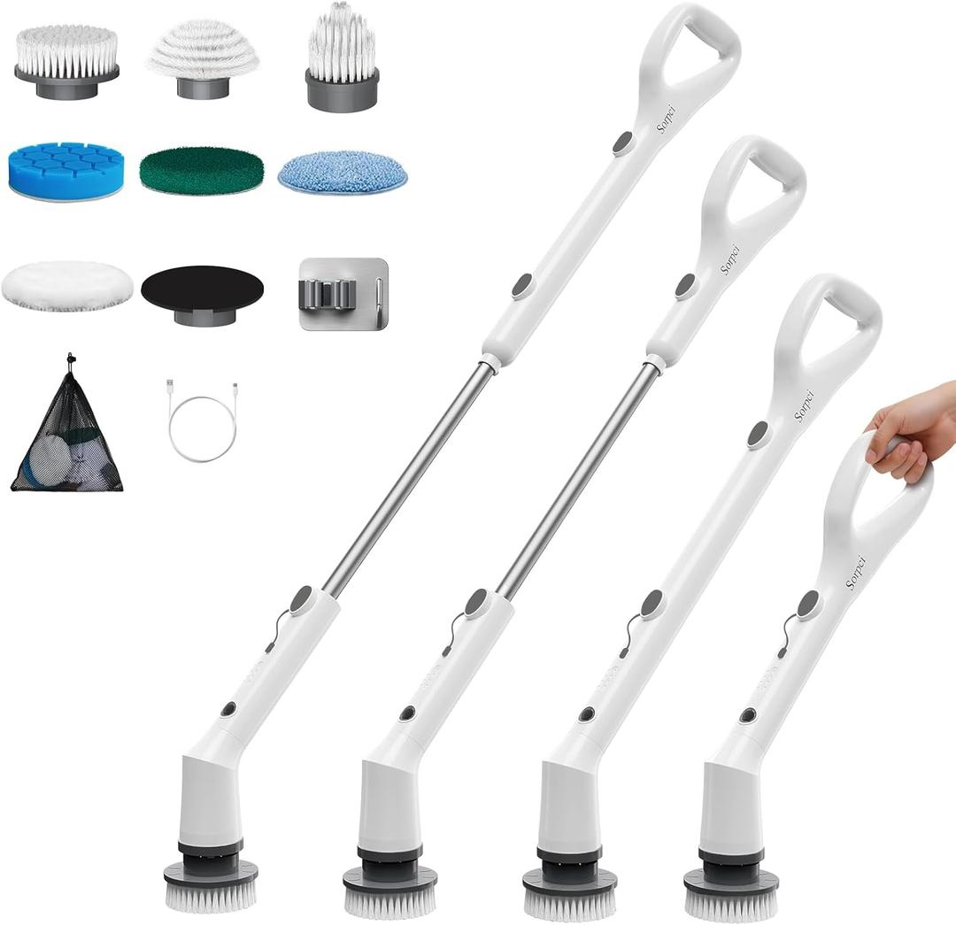 Sorpci Electric Spin Scrubber, 2025 New Cordless Cleaning Brush, Shower Cleaning Brush with 7 Replaceable Brush Heads, Power Scrubber 3 Adjustable Speeds, Detachable Long Handle & IPX7 Waterproof