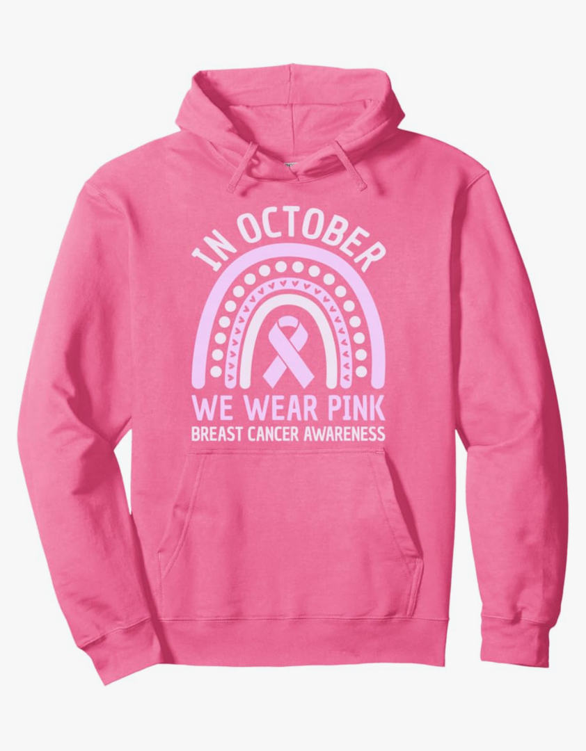 In October We Wear Pink Breast Cancer Awareness Pink Ribbon Pullover Hoodie Size S