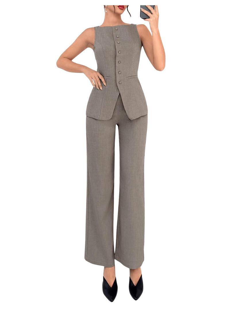 SOLY HUX Women's 2 Piece Business Casual Outfit Button Down Boat Neck Sleeveless Vest and Pants Set Khaki Large