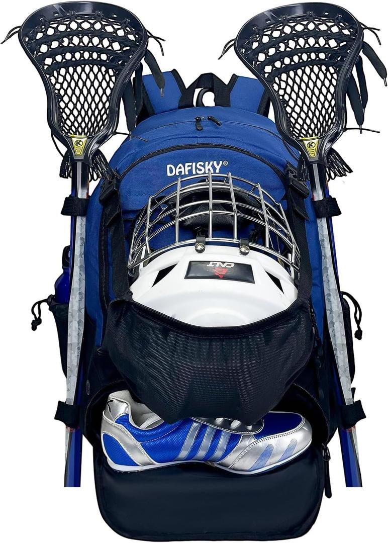 DAFISKY Lacrosse Backpack Field Hockey Equipment Bag,2 Stick Holders,Helmet Holder&Separate Ventilated Shoe Compartment Holds All Lacrosse Gear,Ergonomic Comfort Waterproof Durable for Youth Men Women (Dark Blue)