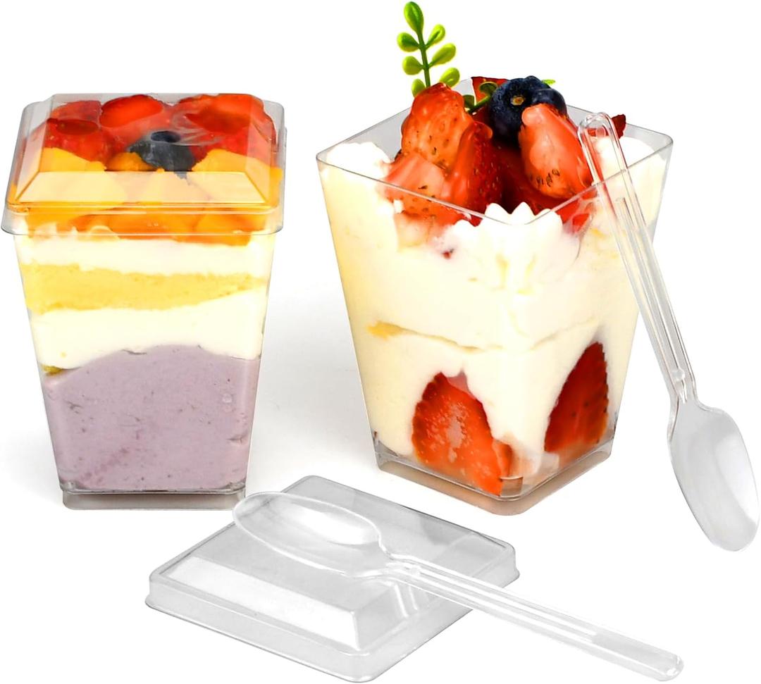 5-ounce Transparent Square Dessert Cups (50 dessert Cups+50 Lids+50 Spoons)