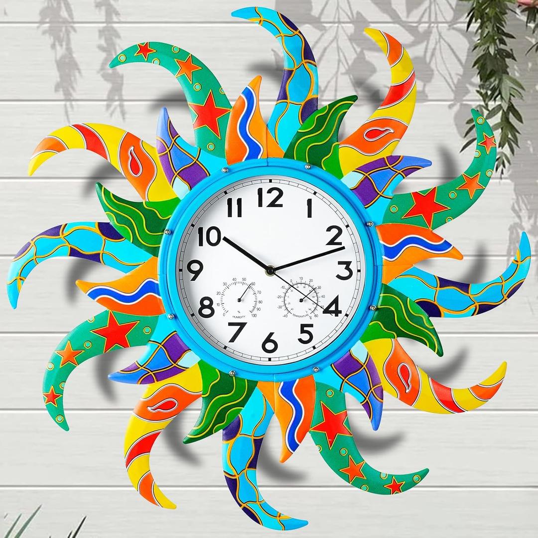 Large Sun Outdoor Clock Thermometer Combo,25'' Wall-Mounted Outdoor Clocks Waterproof Silent Non-Ticking for Home, Office, Bedroom, Living Room, Kitchen, Dining Room, Bathroom, Outdoor use