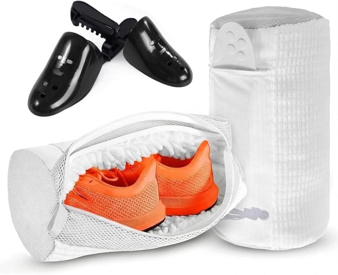 2PCS XXL Shoe Washing Machine Bag with Adjustable Shoes Trees - Heavy Duty Reusable Shoe Laundry Bag for Washer and Dryer - 360 Deep Clean & Protect Chenille Microfiber Sneakers Wash Bags - White