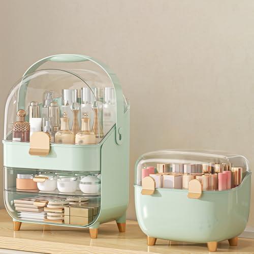 Makeup Organizer with Lipstick Holder, Skincare Organizers Storage Box Cosmetic Display Cases, Teen Girl Gifts Make up Organizers for Vanity, Dresser, Countertop, Bathroom(Green)