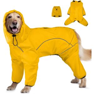 Dog Raincoat, Waterproof Dog Rain Jacket with Removable HoodAdjustable 4 Legs Pet Poncho with Leash Hole, Reflective Stripe Hooded Snowproof Windproof Clothes for 3X-Large Dogs, 3XL (Light Yellow)