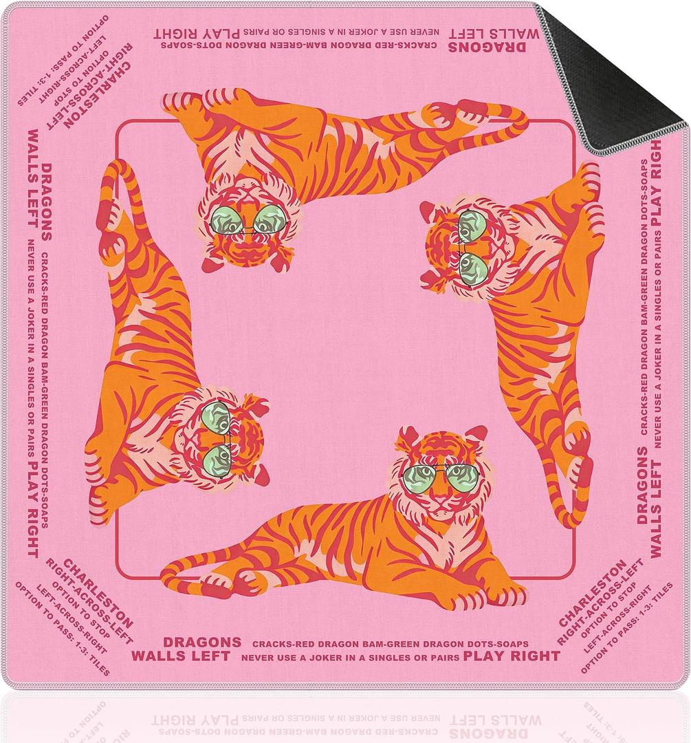 Pink and Orange Tiger Mahjong Mat with Rules for Table 31.5 X 31.5 in, 31.5 inches x 31.5 inches x 0.1 inches
