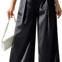 Women's Satin Wide Leg Palazzo Pants Plicated Silky Pull on Party Dress Casual Pant Trouser (Black), S