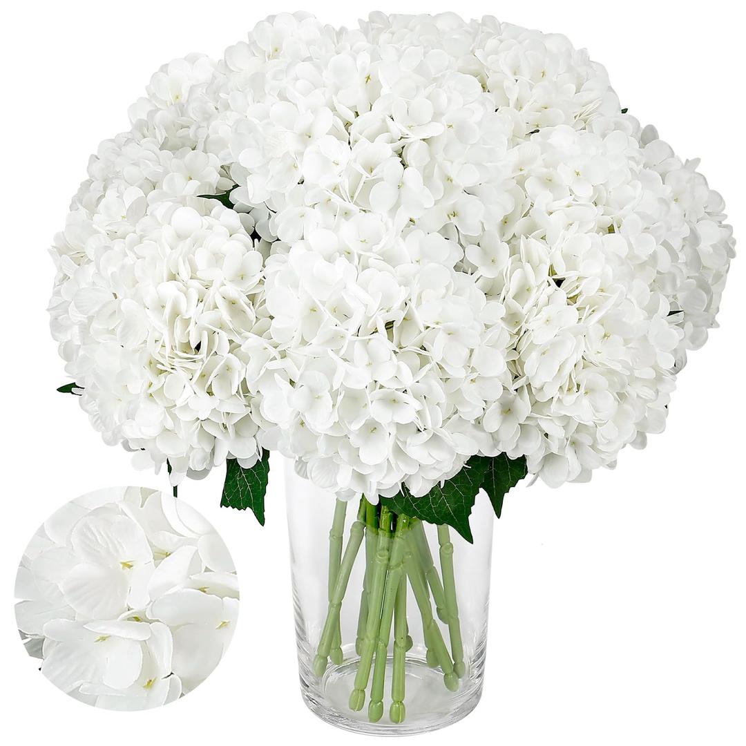 Auihiay 8PCS White Hydrangea Artificial Flowers for Outdoors and Indoor, Silk Faux Hydrangea Flowers, Realistic Large Floral Stems for Vase, Wedding Table Centerpieces, Home Decor, Living Room