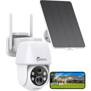 2K Solar Security Cameras Wireless Outdoor, WiFi Cameras for Home Security Battery-Powered, 360 PTZ, 3MP Color Night Vision, Two-Way Audio, Alexa/Google Assistant, 2.4Ghz Only (White)