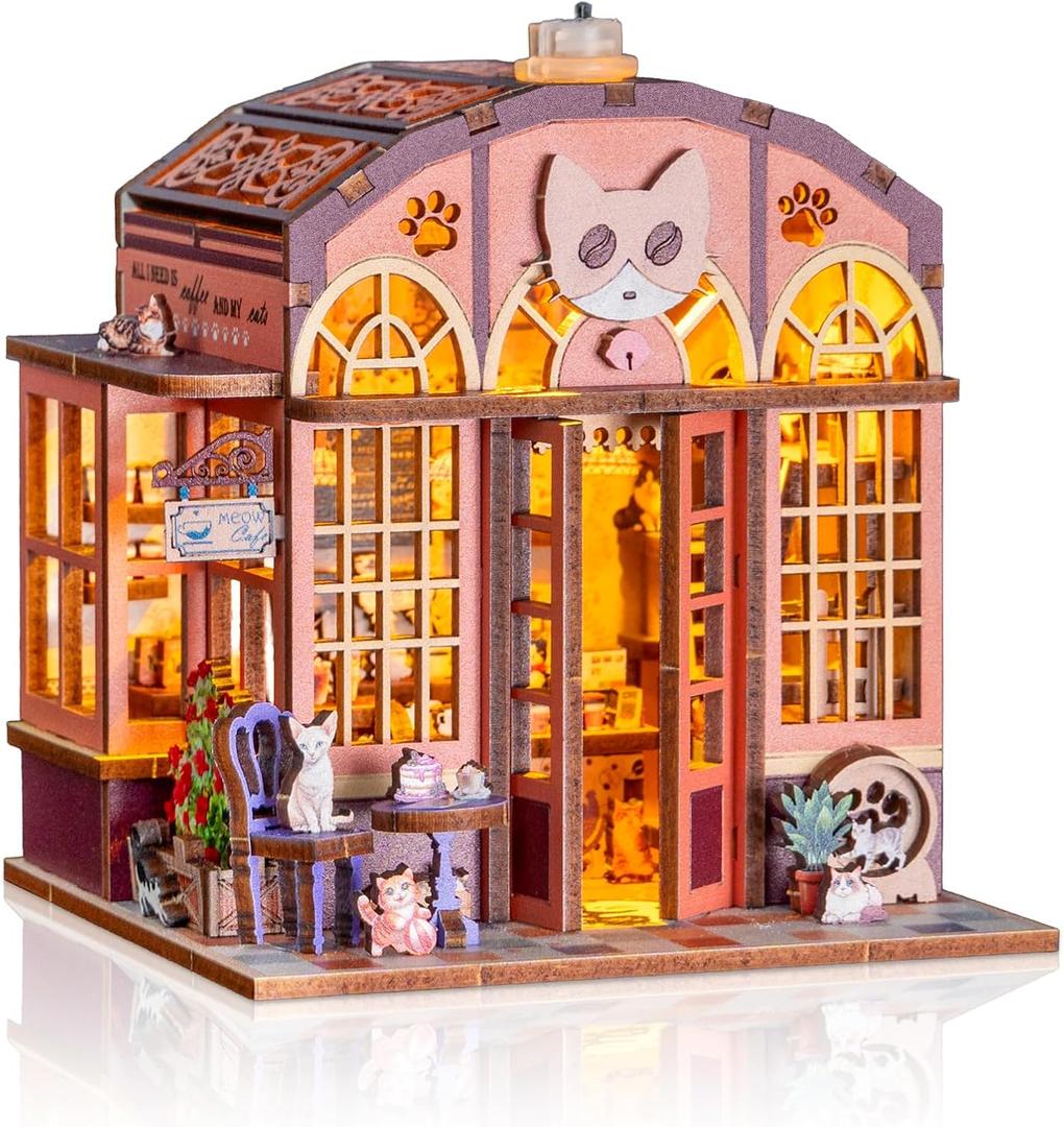 3D Book Nook DIY Kit with Batteries Light Glue Cat Cafe Theme Wooden Building Toy House for LED Magic Book Nook Lover Bookend Bookshelf DIY Miniature Gift for Adults