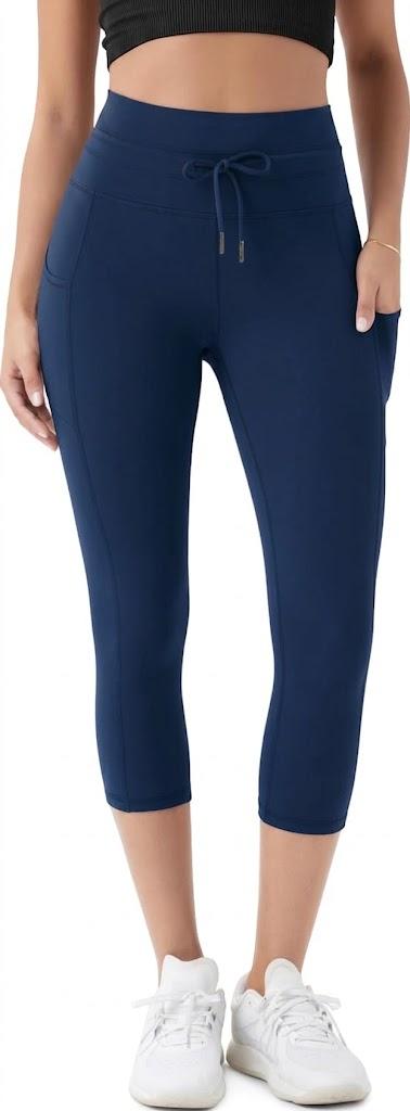 ODODOS Women's Drawstring Tie Capri Leggings with Pockets 19", High Waist Compression Cropped Yoga Pants for Everyday Wear, Deep Navy, X-Small