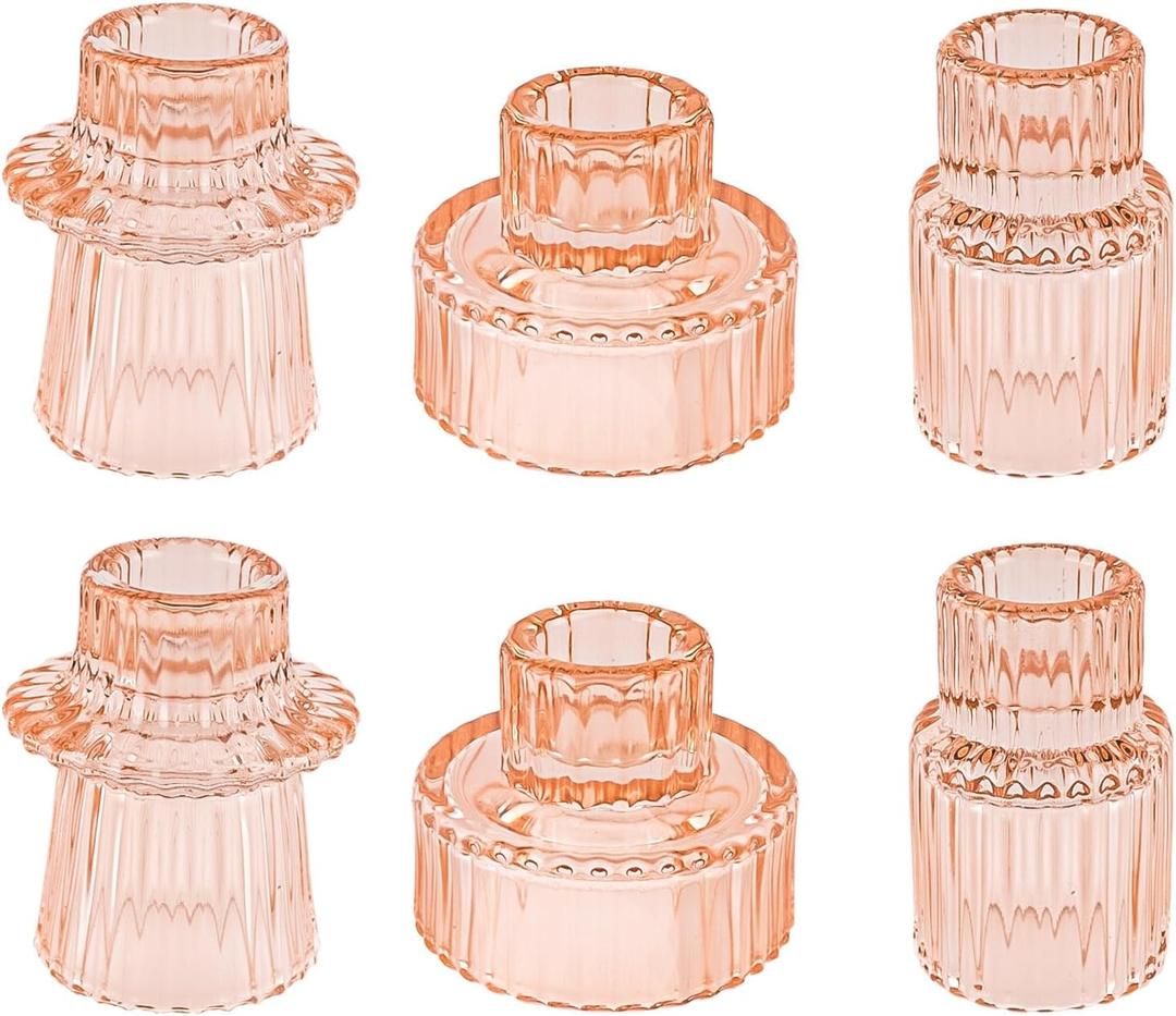 Double Sided Vintage Ribbed Taper Glass Candle Holders, Tea Candle Holder for Table Centerpieces, Wedding Decorations and Dinner Parties (Orange Pink, 6 PCS)