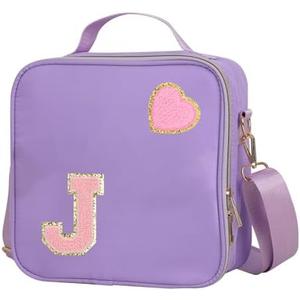 Pack of 3 Insulated Nylon Lunch Box for Girls, Kids, and Women-Stylish Purple Preppy Large Lunch Bag with Adjustable Strap and Chenille Letter 'J', Tote for School, Travel, and Picnics-Ideal Preppy Stuff Choice