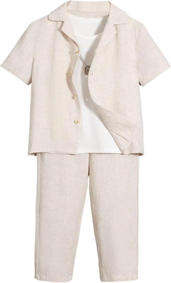 Verdusa Boy's 2 Piece Sets Linen Set Going Out Summer Outfits Button Up Shirt and Shorts Pants Set 7Y