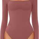 Avidlove Bodysuits for Women Sexy Long Sleeve Bodysuit Square Neck Double Lined Ruched Snap Closure Bodysuit Tops (Medium, Fuchsia)