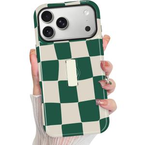 KANGHAR Compatible with iPhone 17 Pro Case, Silicone Checkered Cute Pattern, Finger Hold Wristband Kickstand Camera Protection Soft Slim Phone Case for Girls Women -Green White