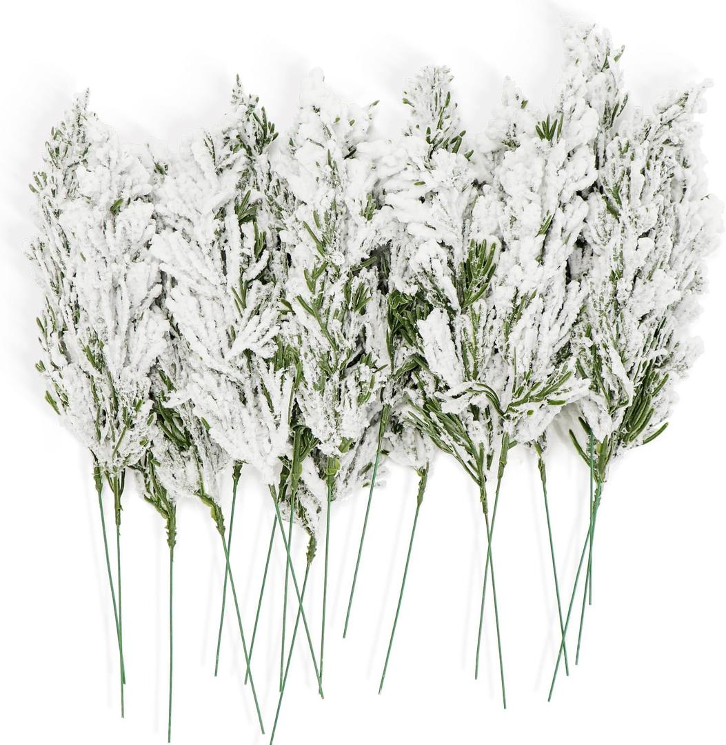 24 Pcs Christmas Snowy Artificial Pine Branches,10.5" Faux Frosted Evergreen Norfolk Pine Sprigs Cypress Leaves Fake Foliage Greenery Picks for Xmas Wreath Making DIY Crafts Decor (24, Snow White)