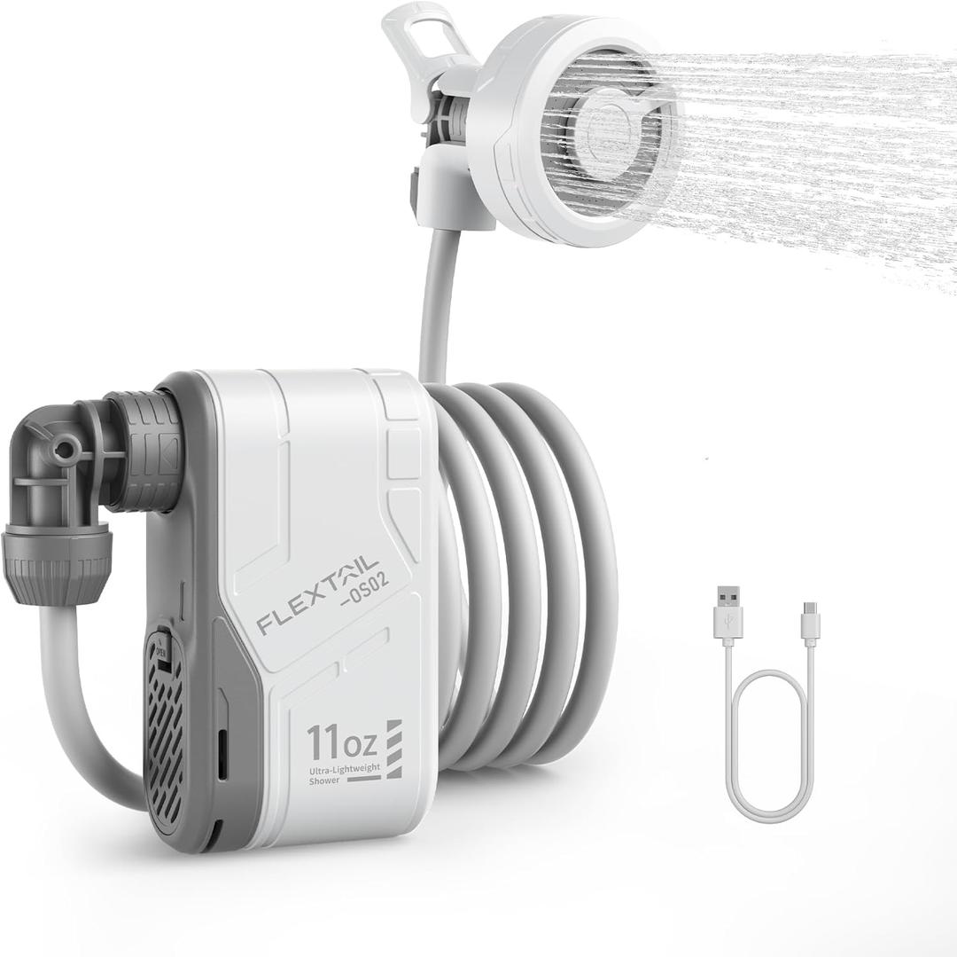 FLEXTAILGEAR MAX Shower Portable Shower for Camping, Rechargeable Outdoor Camping Shower, Portable Shower Pump with USB-C, Shower Pump for Hiking, Car wash, Pet Cleaning, Beach Vacations (white)