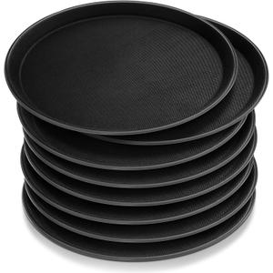 Zopeal 8 Pieces Black Round Restaurant Serving Tray, Plastic Non Slip Surface Food Meals Server Tray with Raised Edges for Home, Kitchen, Restaurant, Cafeteria, Bar (11")